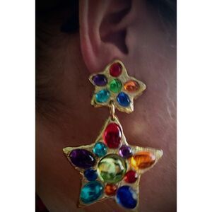 Vintage Celestial Faux Gemstone Gold Tone Star Dangle Earrings Bold/Whimsygoth